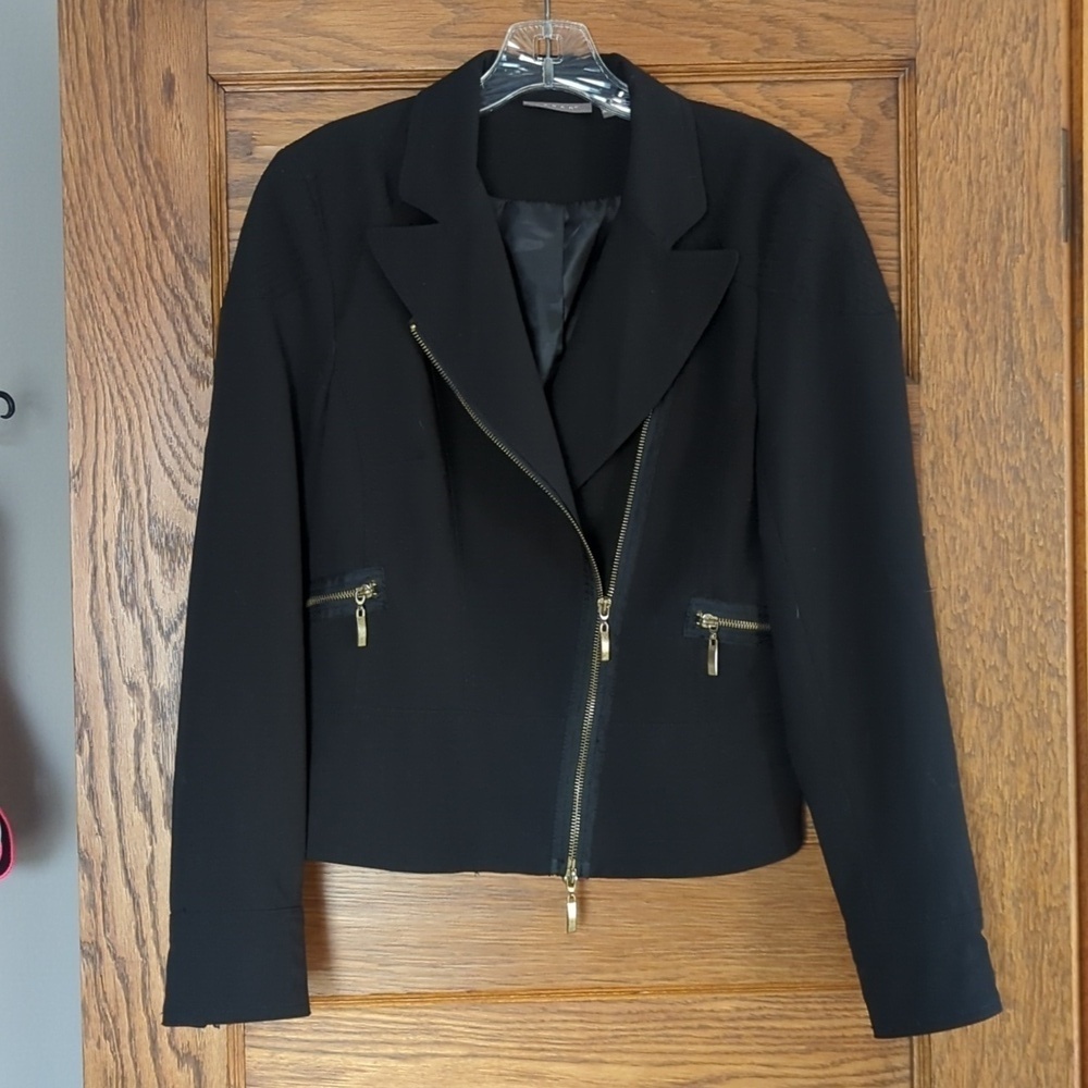 Kenar Black and Gold Embellished Asymmetrical Moto Jacket Size Women's 6